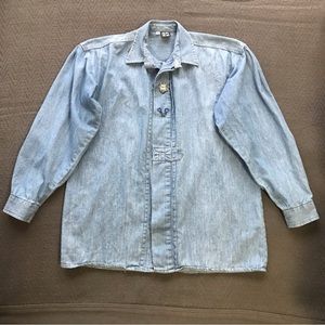 VTG Alpen Trachten European Denim Button Down Top Embroidered Flowers Floral S